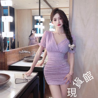 【隔日到】S-L特價新款 性感蕾絲v領包臀打底短裙夜店低胸短袖洋裝小禮服 度假休閒聚會派對約會穿搭