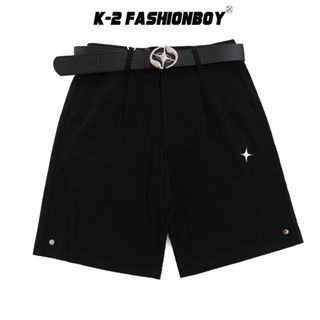 【K-2】短褲 五分褲 附皮帶 十字星 金屬 質感 設計 穿搭 89穿搭 型男 流行 2024【HK337】