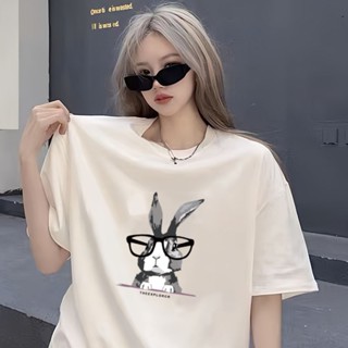 【真的臺灣現貨】100%純棉 戴眼鏡兔子英文字母印花圓領短袖T恤男女上衣服素色大尺碼情侶裝OVERSIZE