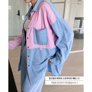 韓國代購薄料混天絲棉牛仔拼接條紋長袖襯衫上衣外套