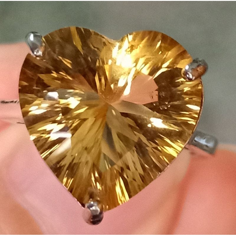 💛罕見心形千禧切割💛天然金黃色黃水晶愛心s925銀戒指