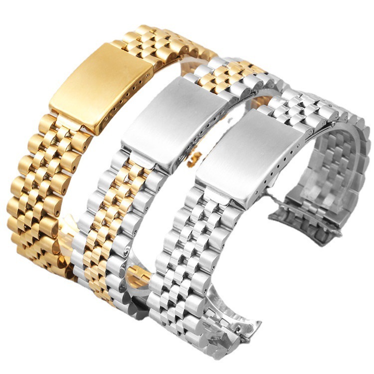 適用於rolex五銖日誌型手錶帶 彎頭全鋼錶帶 半實心不銹鋼男女錶帶