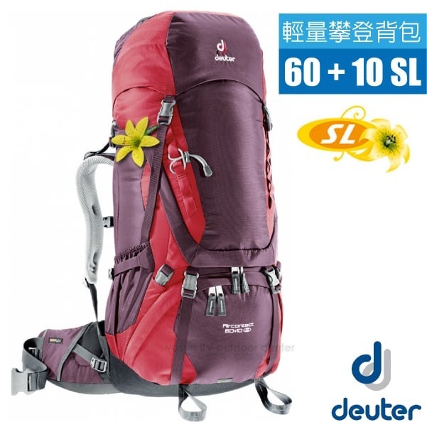 【Deuter】女 款登山背包 60+10SL AIRCONTACT(附背包套) 自助旅行背包_紫/紅_3320416