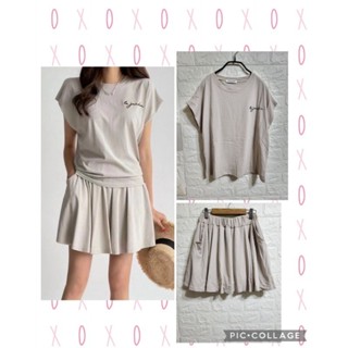 ♡summer room質感美衣♡草寫字母削肩短版上衣＋口袋褲裙套裝