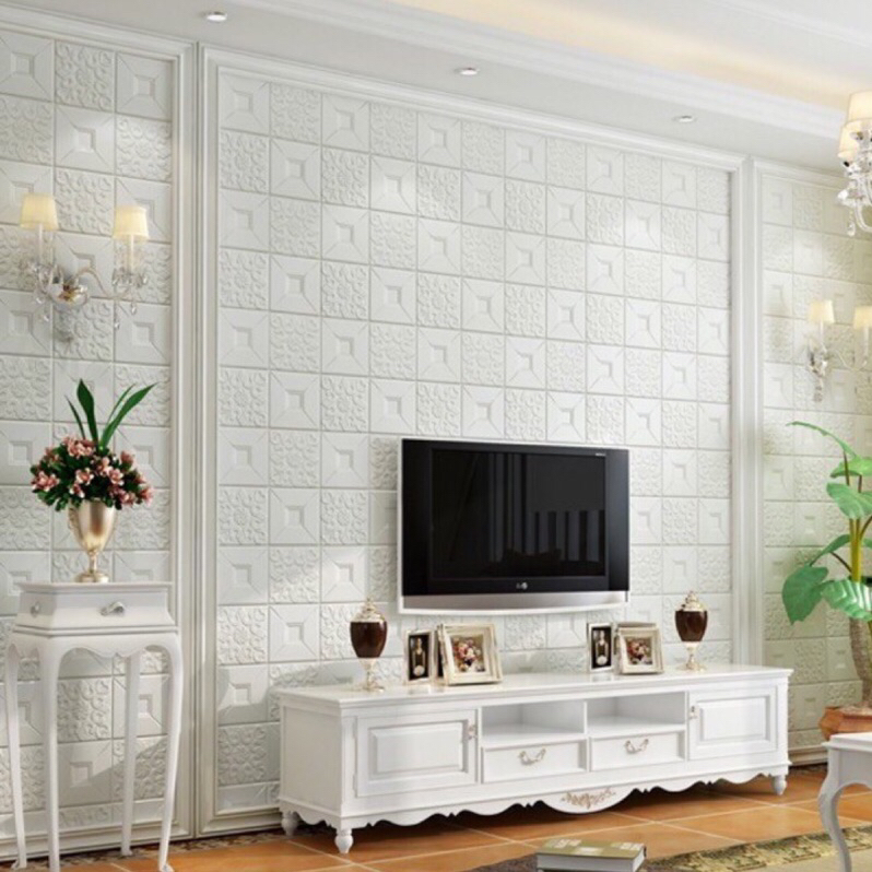 台灣熱賣純白小方格隔音泡沫3D立體牆貼自粘壁紙天花板貼電視背景牆面裝飾泡沫磚牆紙