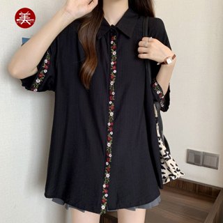 隔日到 刺繡花 DM 96337 短袖棉麻襯衫 防曬衫外套 大尺碼女裝 春夏 寬鬆 阿美氏復古流行 民族風