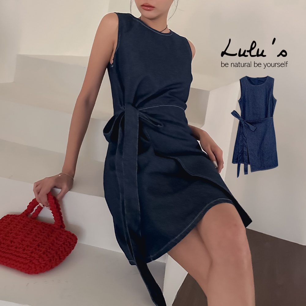 LULUS/高質感造型綁繩牛仔短洋裝深藍【A02240061】牛仔裙 連身裙 背心洋 240530