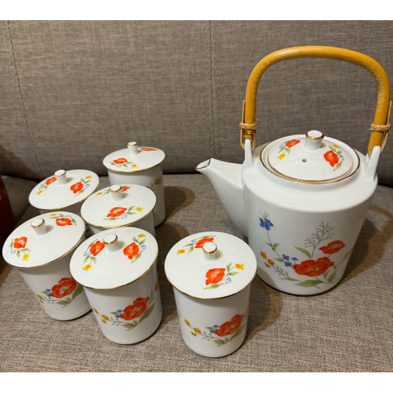 全新高級茶器組 早期大同瓷器茶壺+6個瓷器茶杯（杯頂、蓋頂都有鑲金邊） 絕版復古瓷器茶杯 台灣製