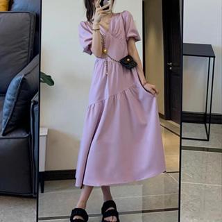 衣時尚 短袖洋裝 連身裙 長裙M-3XL新款溫柔風收腰顯瘦泡泡袖茶歇法式高級感紫色連身裙4F120-Q857.