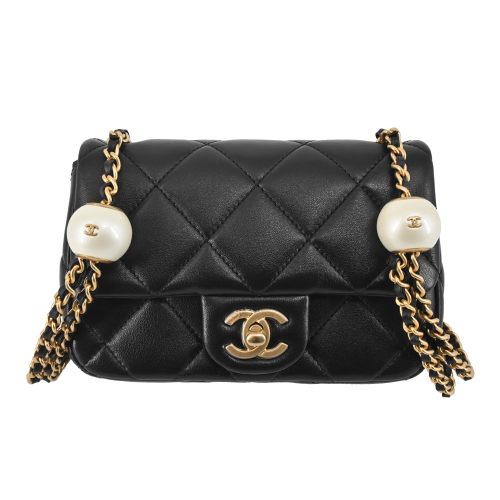 CHANEL MINI FLAP 雙C LOGO菱格紋珍珠款雙珠小羊皮肩背/斜背包(黑色)｜JS Maxx官方旗艦館