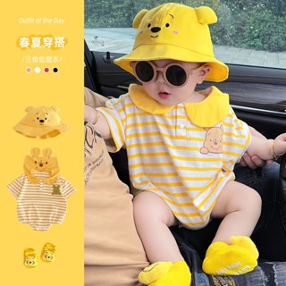 ［預購］《尺碼66-90》卡通維尼熊大翻領包屁衣服 男女寶寶 造型搭配帽子 襪子 夏天短袖 帽子 造型搭配