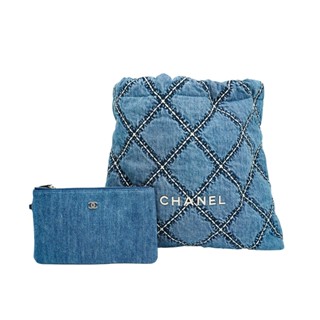 chanel 22 銀logo菱格紋單寧牛仔肩揹包-中(as3261-藍)
