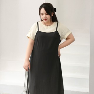 Miss38 極簡黑杏拼色 假兩件吊帶小黑裙洋裝【CX5738】(現貨)大尺碼洋裝 短袖連身裙 顯瘦高腰遮肚大尺碼女裝