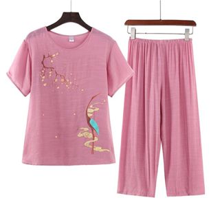 中老年人夏季棉麻短袖 媽媽裝 阿嬤衣服 阿嬤套裝 大碼舒適寬松兩件套裝 上衣褲子可外穿兩件套 家居服 睡衣 XL-4XL