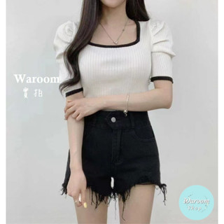 Waroom|現貨韓系鎖骨泡泡袖針織方領上衣|女裝|法式|針織上衣|修身|短袖針織|短袖上衣|方領上衣|鎖骨86822