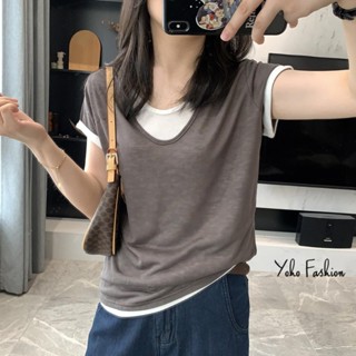 「現貨+預購」YOHO 假兩件T恤 實拍夏季薄款透氣大U領假兩件天絲上衣 (NN089)