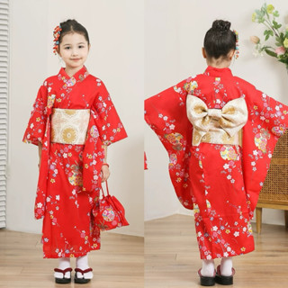 12 日本和服女童純棉透氣紅色櫻花兒童浴衣4-12歲女孩改良服小振袖
