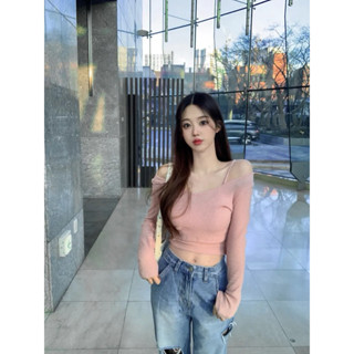 🇰🇷Korea韓國連線·正韓 細肩帶小可愛+大V領長袖上衣兩件式套裝SET 兩件式上衣 短版上衣 V領上衣 螺紋 韓系