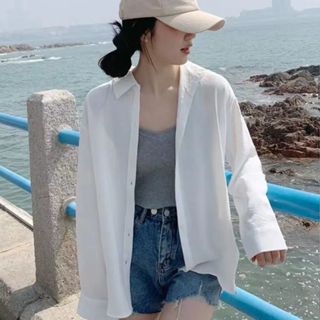【YoRi】白色長袖防曬襯衫女 設計感小眾薄款襯衫外套 大呎碼寬鬆百搭純色上衣 韓版簡約襯衫外套