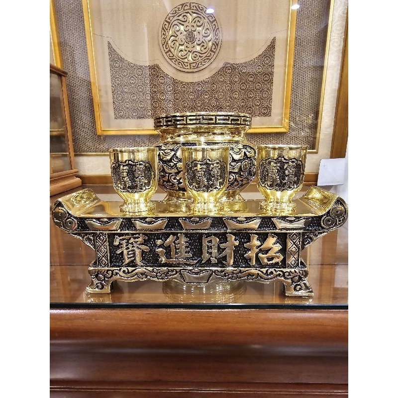 〔修緣佛像文物館〕高級金色銅製 （招財進寶） 神明供奉套組 三件組 （神明爐神明杯神明） 高級金色銅製