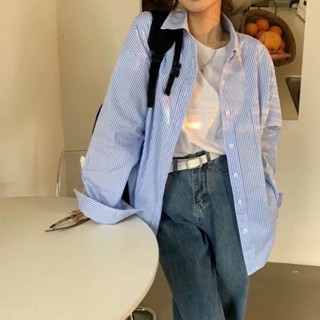 【JODIES】條紋長袖襯衫女 春秋新款長袖上衣 防曬襯衫 BF風寬鬆中長款條紋百搭上衣女