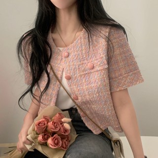 YoYo 新款女裝 小香風 小香風外套 圓領上衣 外套 開襟外套 開襟上衣 粗花呢外套 短袖 短袖上衣