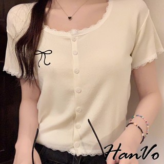 【HanVo】蕾絲邊蝶結刺繡上衣 甜美可人別緻針織上衣 韓系女裝 女生衣著 A01-0281