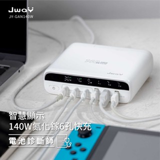 【JWAY】智慧顯示140W氮化鎵快充充電器 6孔USB-C 智慧顯示 PD/QC 適用筆電手機 JY-GAN140W