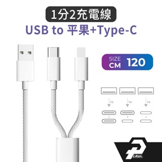 USB 1分2 充電線 二合一 雙頭 iphone充電線【1.2米】轉平果 type-c 60W 快充線