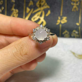 蛋面戒 白冰【彩玉閣】S925 純銀 翡翠 實拍照 冰糯種 緬甸玉蛋面 鑲嵌 排鑽 戒指 中性 天然緬甸玉A貨 保平安