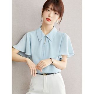法式荷葉袖藍色雪紡短袖襯衫女2025年夏季新款寬鬆襯衣高階感上衣 氣質減齡 休閒雪紡襯衫 時尚五分袖上衣「樂購」