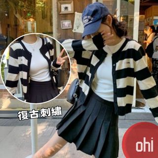 【ohi】復古刺繡撞色 粗條紋針織衫 小個子短款百搭 長袖開衫 休閒百搭 上衣 針織衫 秋款女裝 GWH2347