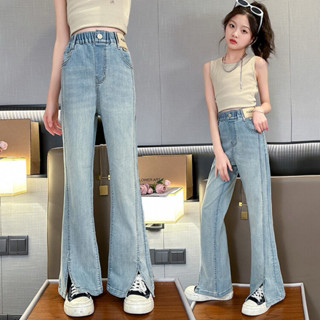 🎉臺北現貨天天出貨🚚 女童牛仔褲女童開叉牛仔喇叭褲2024兒童夏天洋氣時髦百搭牛仔褲休閒長褲