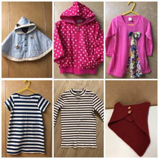二手 3-4Y（6件一起賣）女童DAKS小熊斗篷披風/JET桃紅圓點外套/Lativ圍巾條紋長短袖上衣/桃紅大蝴蝶結上衣