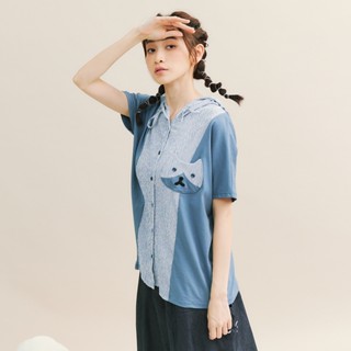 【dailo】貓咪口袋條紋拼接連帽棉短袖上衣 藍 綠 咖