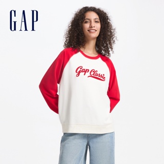 Gap 女裝 Logo刺繡圓領長袖上衣 碳素軟磨法式圈織系列-紅白拼接(641222)