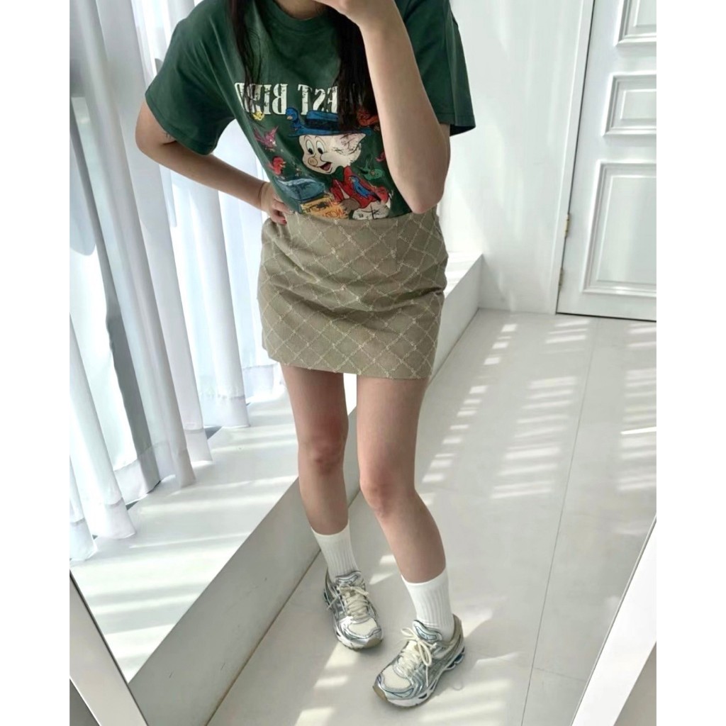 #牛仔斜菱方格褲裙#韓國流行服飾