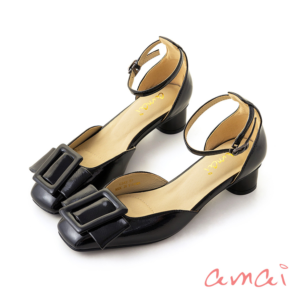 amai 法式優雅方釦繞踝漆皮方頭低跟鞋 平底鞋 上班鞋 低跟 軟皮 百搭 氣質 小香風 大尺碼 黑色 G342BK