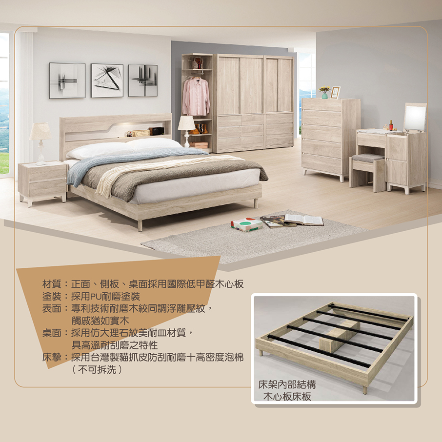 床片型床組含LED燈〈D48958-01 〉【沙發世界家具】床台/床頭櫃/斗櫃/鏡台/床頭片/雙人床組/臥室床組/房間組