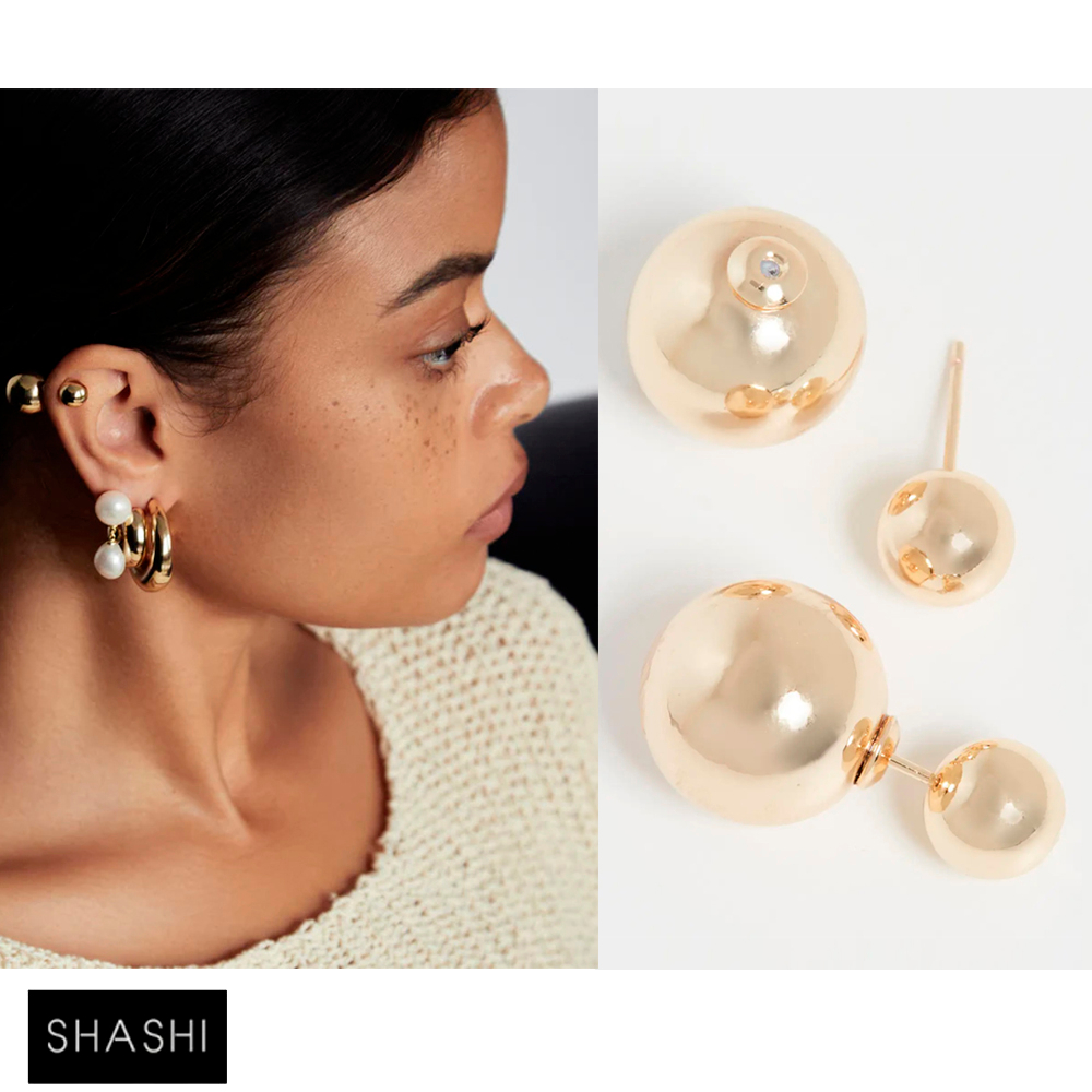 SHASHI 紐約品牌 Double Ball 優雅金色圓球 亮面雙金珠耳環 大珠&小珠