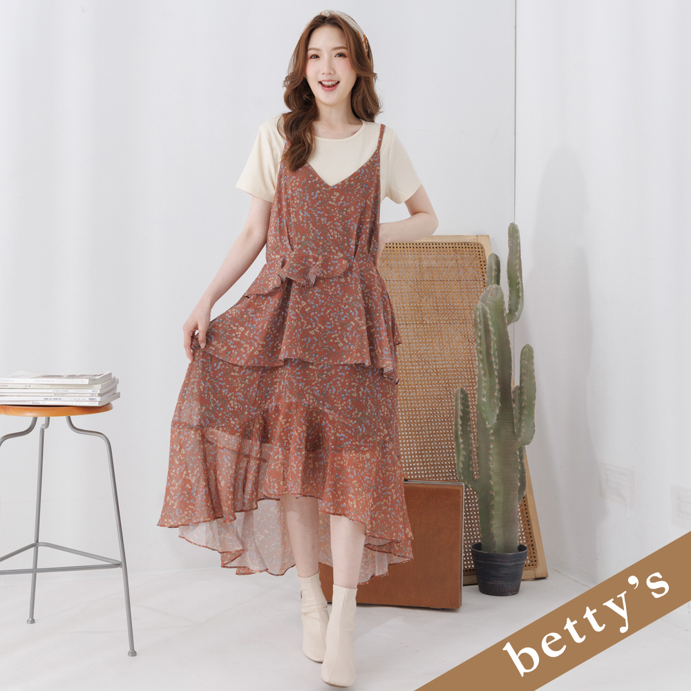 betty’s貝蒂思(25)兩件式細肩帶蛋糕碎花洋裝(深橘色)