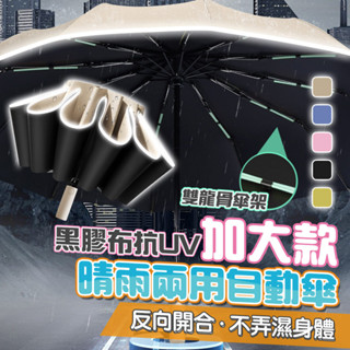[臺灣發貨]強防風雙龍骨雨傘 黑膠傘 晴雨傘 自動傘 反向傘 黑膠布抗紫外線 傘下降溫 反光圈安全升級 #BD632