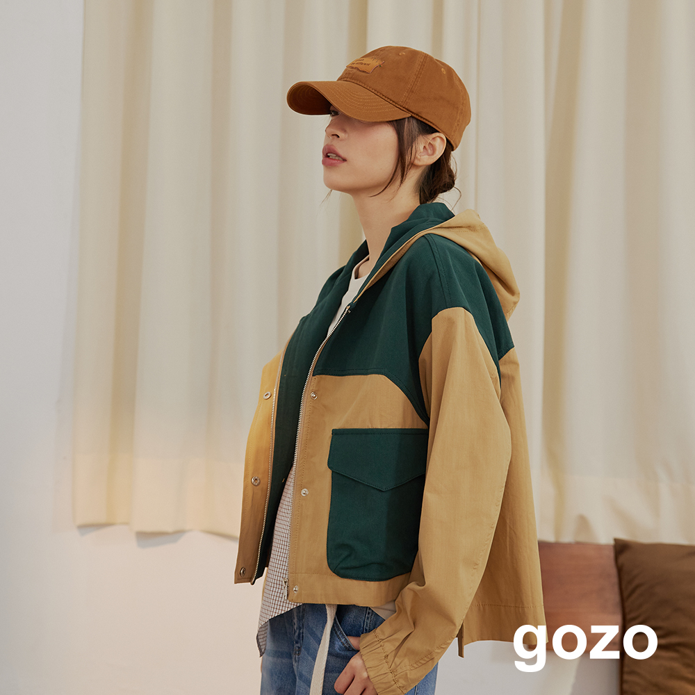 【gozo】➤大口袋拼色剪接連帽夾克(卡其/綠色_F) | 純棉 修身 百搭