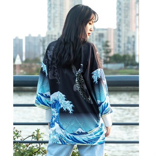 臺灣現貨🌊日本海浪祭典外套 海浪浪花鯉魚日本羽織 日式和風和服 潮流上衣 日式外掛 江湖浪花外套 黑色外套 日系