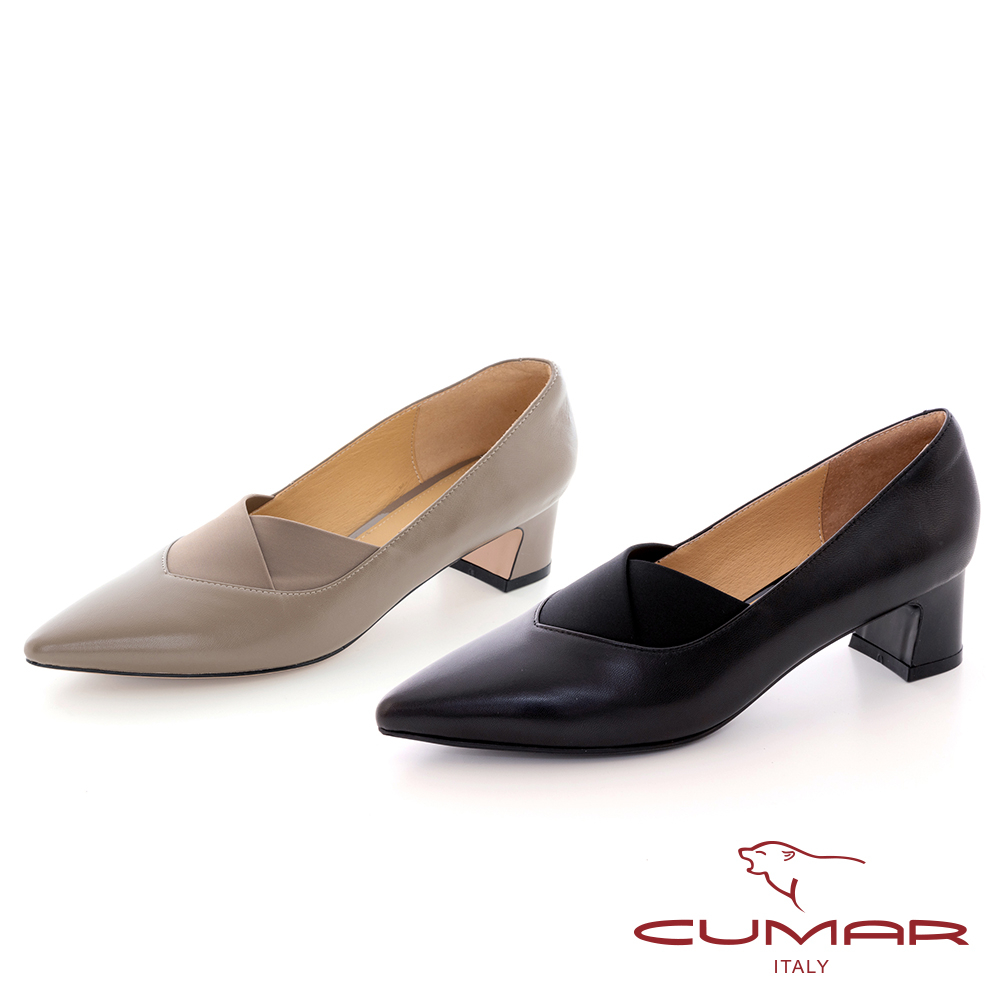 【CUMAR】簡約尖頭異材質拼接彈性帶深口粗跟鞋723-511