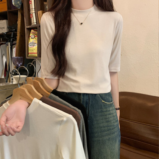 雅麗安娜 上衣 T恤 內搭衫S-XL小立領螺紋純色t恤春秋內搭修身顯瘦五分短袖上衣D352-8959.