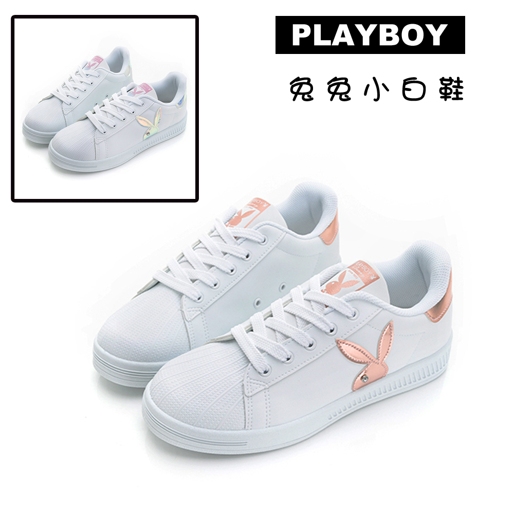 【螃蟹小舖】PLAYBOY 女鞋 後跟高3.5cm 兔兔 小白鞋 休閒鞋 板鞋 皮面 白貝殼 白玫瑰金 Y9615