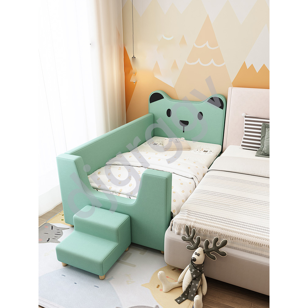 兒童床 松木櫸木 粉色綠色 布藝兒童床帶護欄單人床帶步梯加寬床拼接床小孩子床實木寶寶邊床 兒童床架