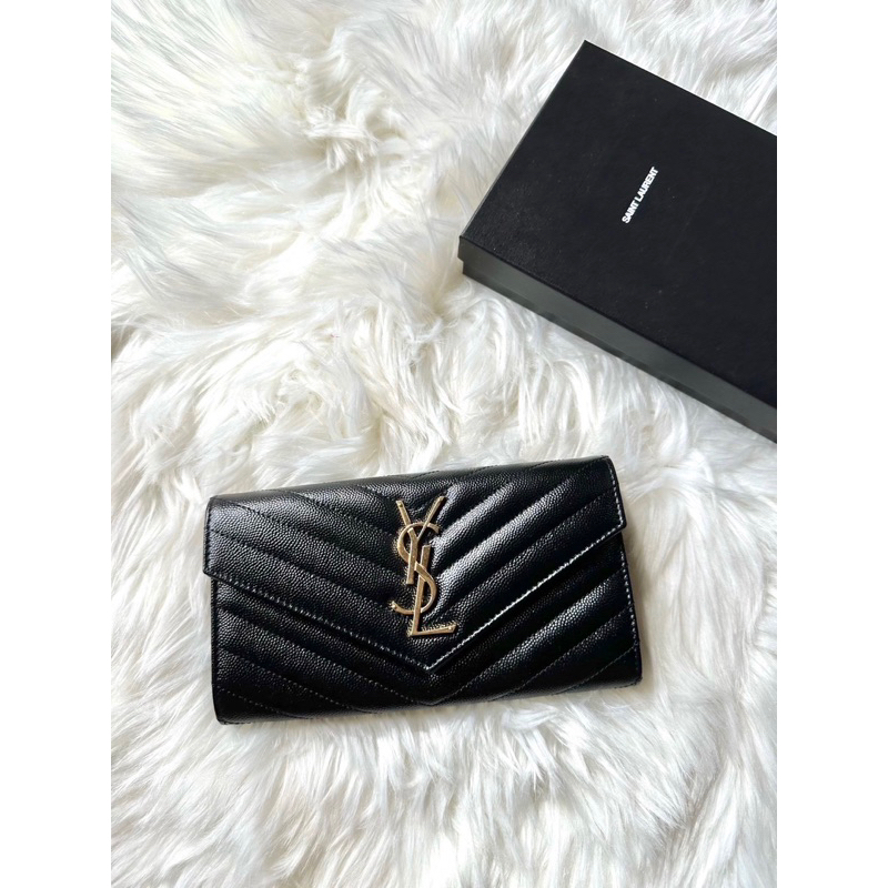 台灣現貨💛25800 Ysl Saint laurent  聖羅蘭 掀蓋信封長夾 黑金 荔枝皮