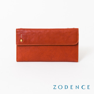 【限時促銷】ZODENCE 義大利植鞣革金點設計對開長夾 橘紅
